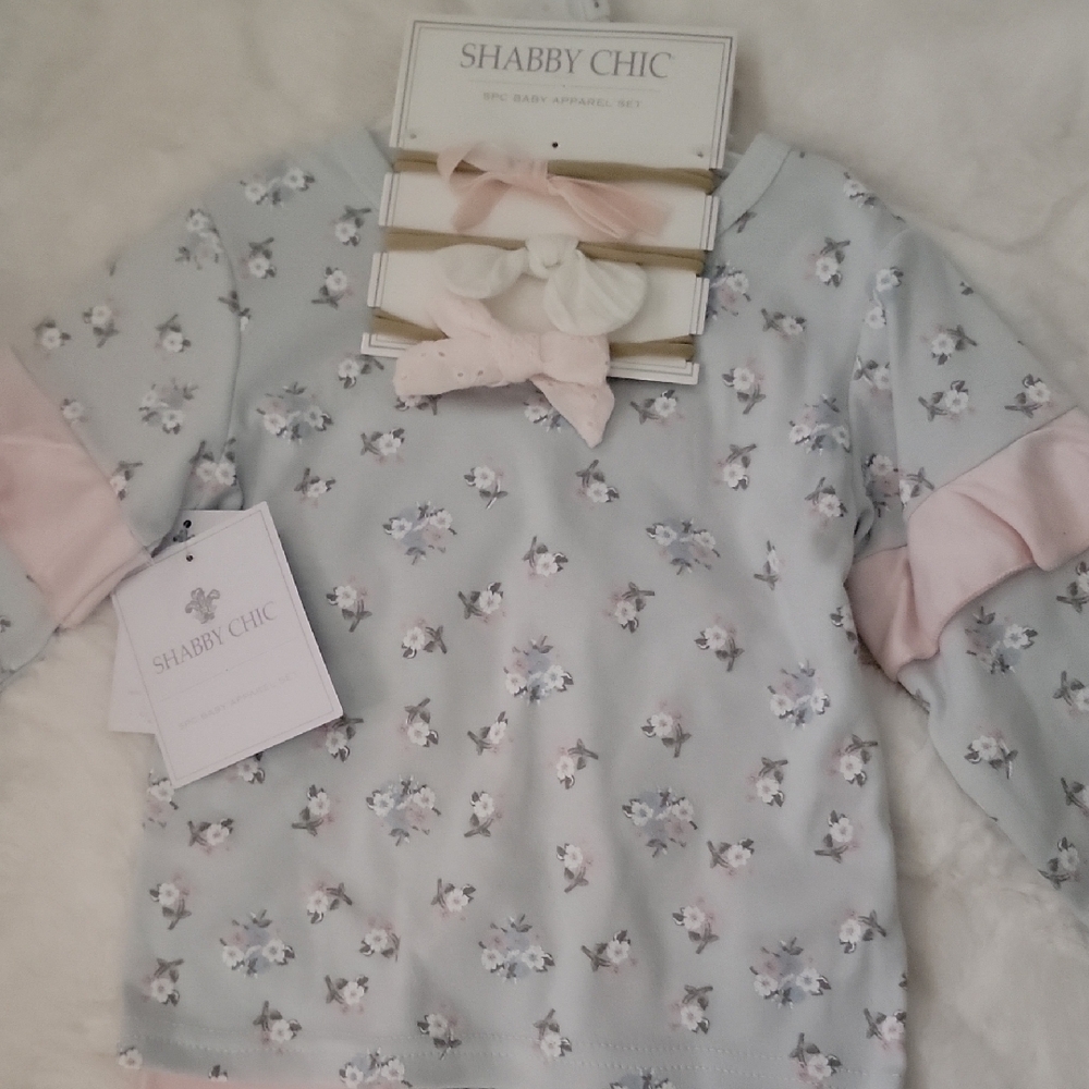 Shabby Chic Long Sleeve Tee And Pants Set- Soft Blue and Pink Floral